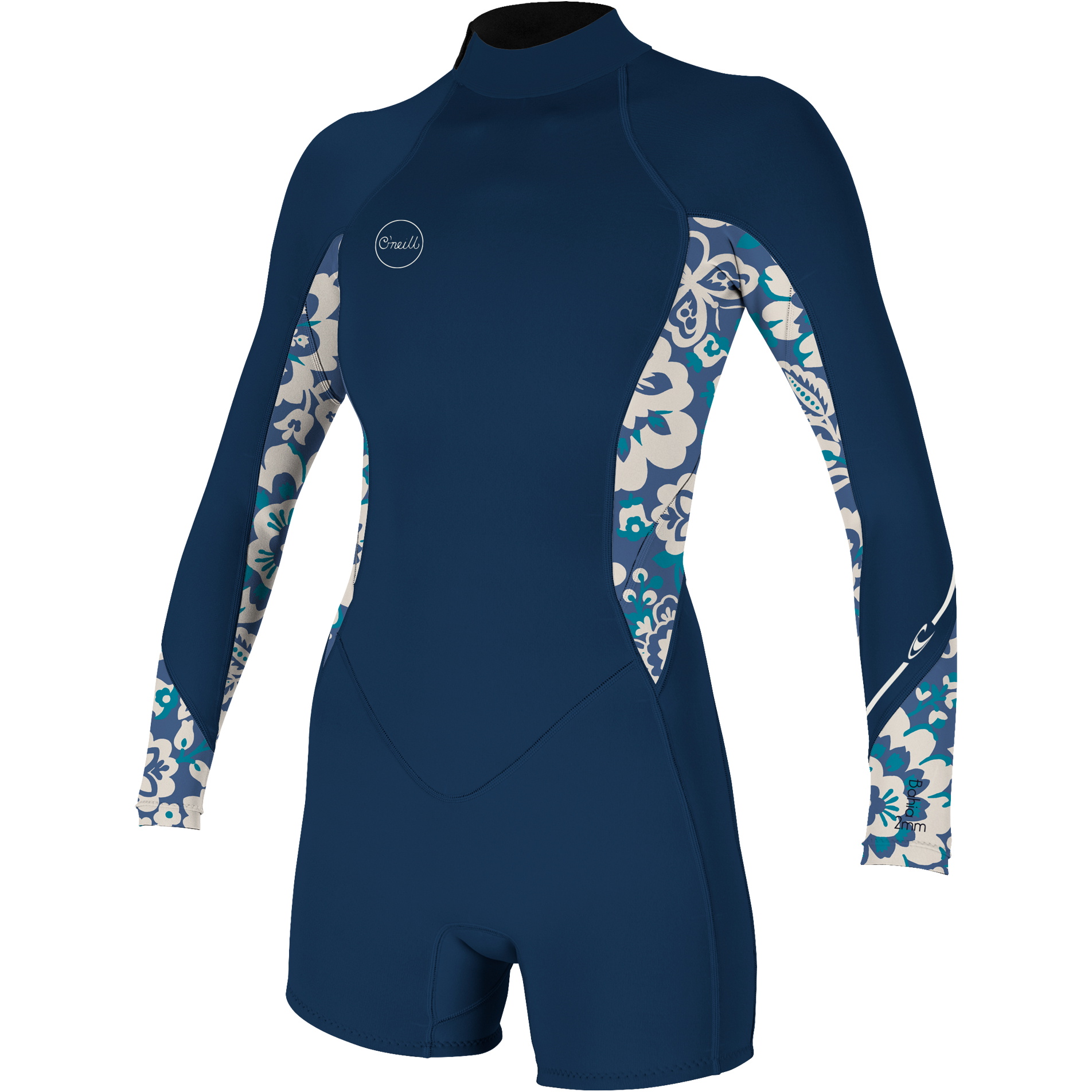2024 O'Neill Women Bahia 2/1mm Manga Larga Back Zip Shorty Neopreno 5291 - French Navy / Crisflor