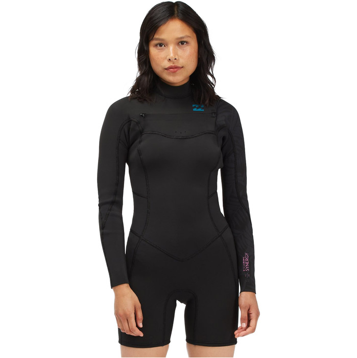 2024 Billabong Womens Synergy 2mm Chest Zip Long Sleeve Shorty Wetsuit C42G55 - Black Palms