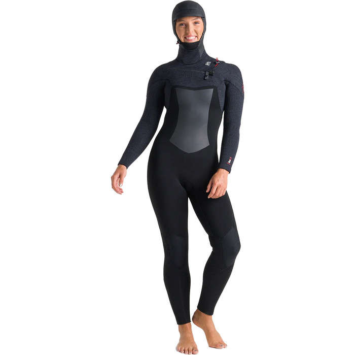 2023 C-Skins Womens ReWired 6/5mm Chest Zip Hooded Wetsuit C-RW65WH - Black / Crimson