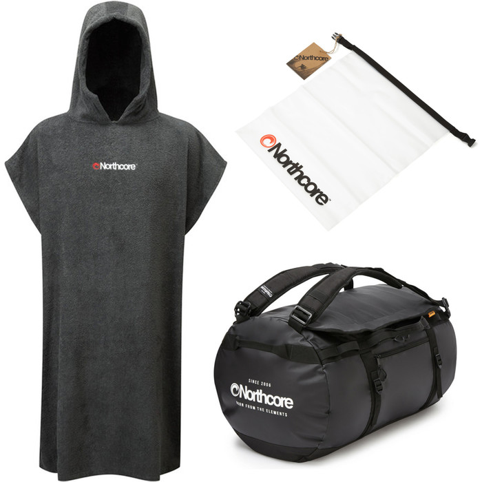 2024 Northcore Beach Basha Hooded Towel Changing Robe, 85L Duffel Bag & Waterproof Wetsuit Bag Bundle NC24BC - Grey / Black