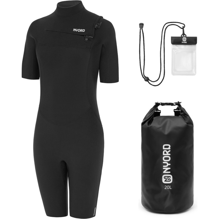 2024 Nyord Mujer Tempus 2/2mm Chest Zip Shorty Neopreno & 20L Dry Bag & Key Case Bundle WTEMP01 - Black