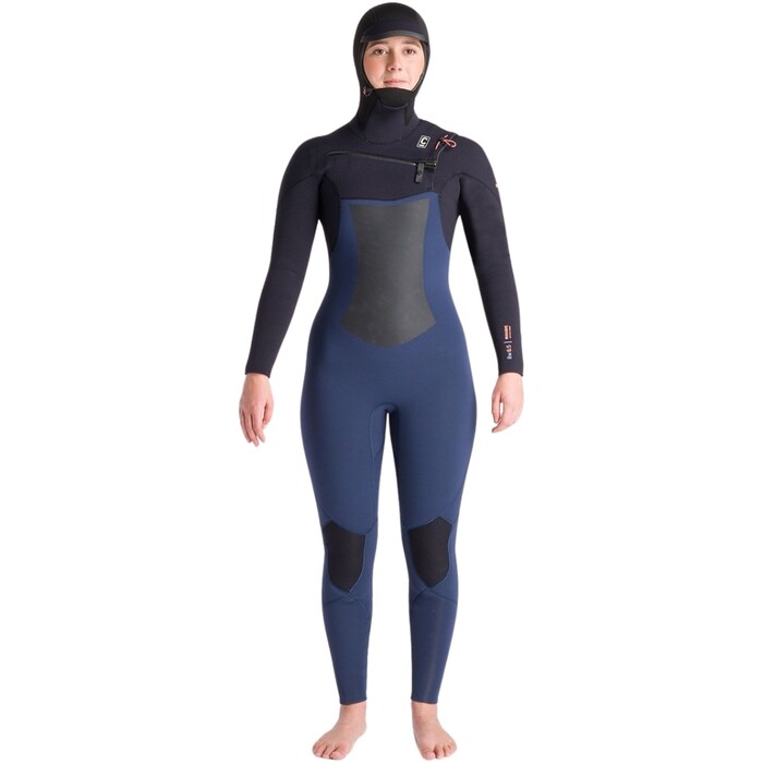 2024 C-Skins Womens NuWave ReWired 6/5mm Chest Zip Hooded Wetsuit C-NRW65WH - Bluestone / Black x / Coral