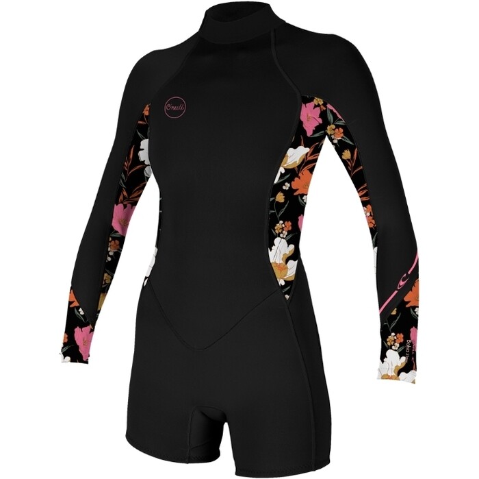 2024 O'Neill Womens Bahia 2/1mm Long Sleeve Back Zip Shorty Wetsuit 5291 - Black / Bluemchen