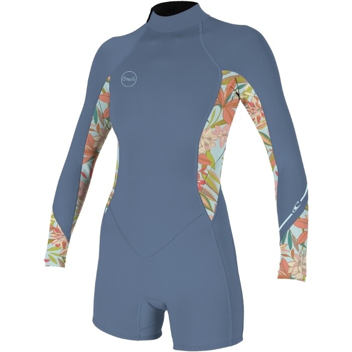 2024 O'Neill Womens Bahia 2/1mm Long Sleeve Back Zip Shorty Wetsuit 5291 - Infinity / Dahlia