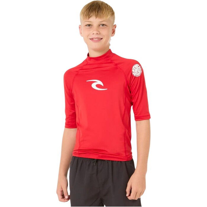 2024 Rip Curl Boys Brand Wave UPF Short Sleeve Rash Vest 121BRV - Red