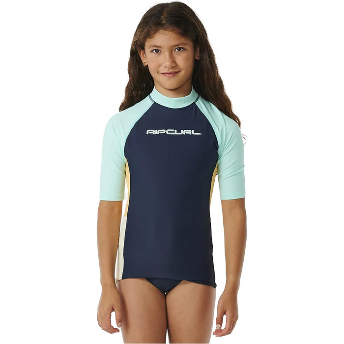 2024 Rip Curl Girls Block Party Short Sleeve Rash Vest 12QGRV - Navy