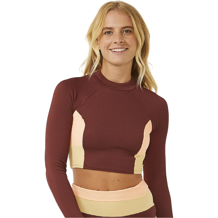 2024 Rip Curl Womens Block Party Spliced Long Sleeve Crop Top 0EIWSW - Plum