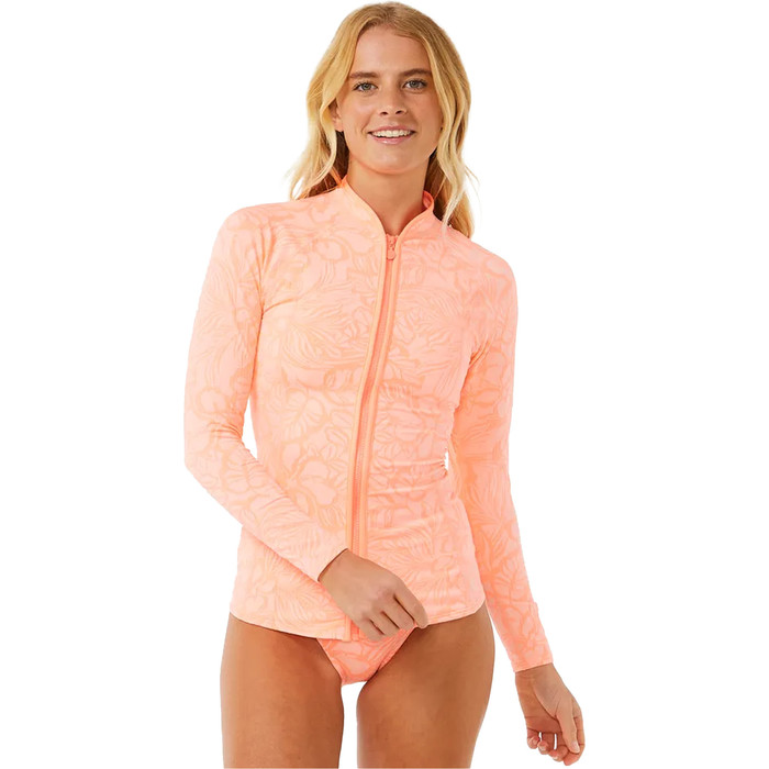 2024 Rip Curl Womens Sun Chaser Long Sleeve Zip Rash Vest 16EWRV - Coral