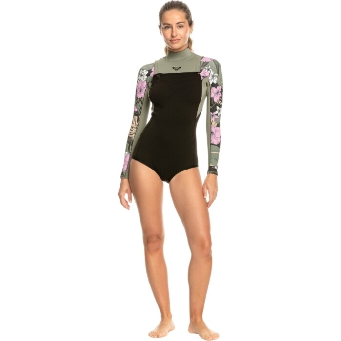 2024 Roxy Womens Elite 1.5mm Long Sleeve Front Zip Shorty Wetsuit ERJW403064 - Anthracite Classic Pro Surf