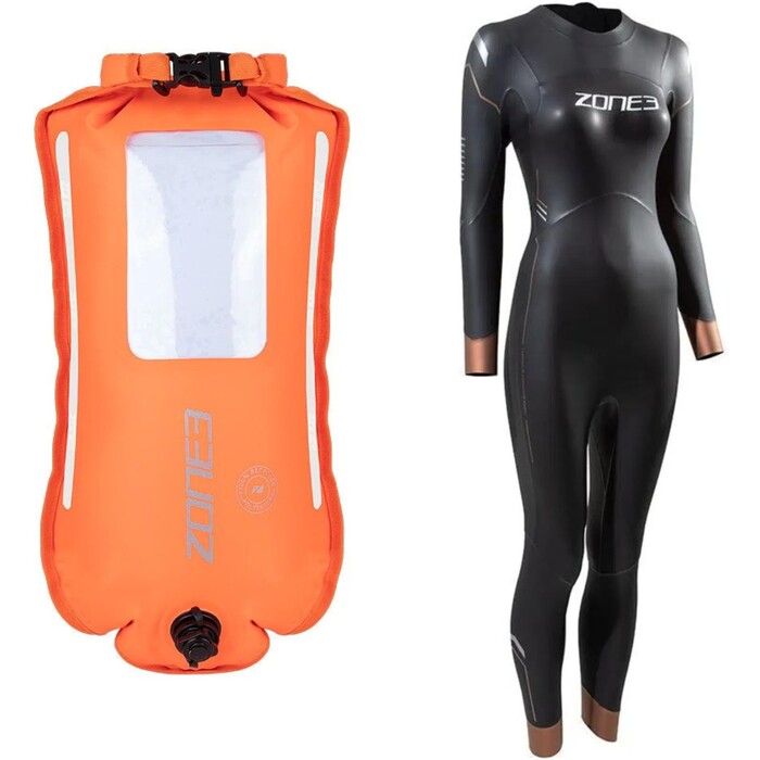 2024 Zone3 Womens Thermal Agile Wetsuit & Recycled 2 LED Light 28L Backpack Safety Buoy Bundle