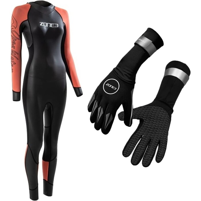 2024 Zone3 Womens Venture Back Zip Swim Wetsuit & Zone3 2mm Neoprene Swim Gloves Bundle