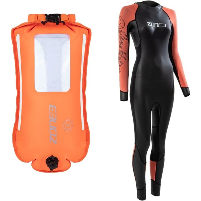 2024 Zone3 Mujer Venture Back Zip Traje De Neopreno Y Zone3 Mochila Reciclada Con 2 Luces LED 28L Boya De Seguridad Para Nataci