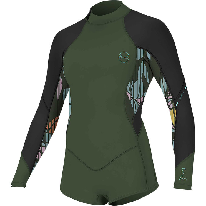 2020 O'Neill Bahia Juventud 2/1mm Back Zip De Manga Larga Shorty Wetsuit 5411 - Oscuro Olive / Baylen / Negro