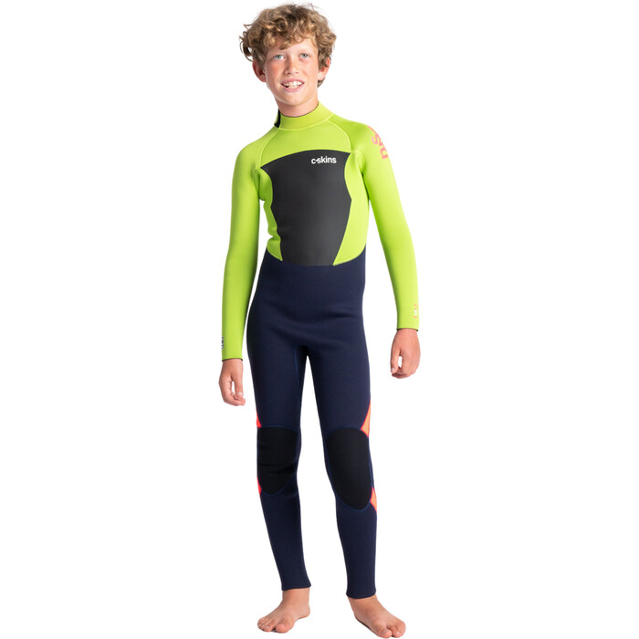 2024 C-Skins Junior Legend 4/3mm GBS Back Zip Wetsuit C-LE43JBZ - Slate Navy / Lime / Flo Red