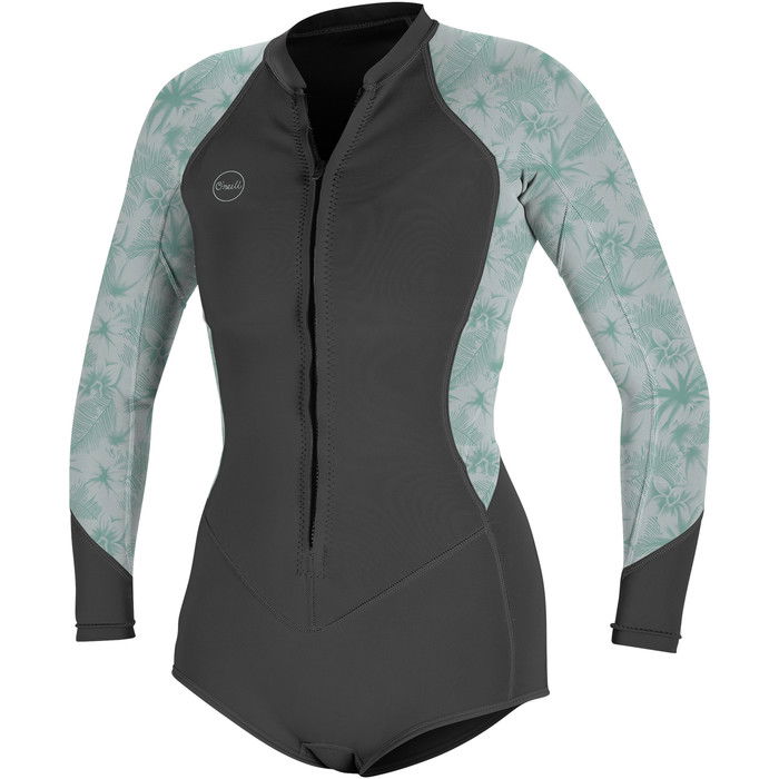 2023 O'Neill Mujer Bahia 2/1mm Manga Larga Front Zip Shorty Neopreno 5363 - Graphite / Mirage Tropical