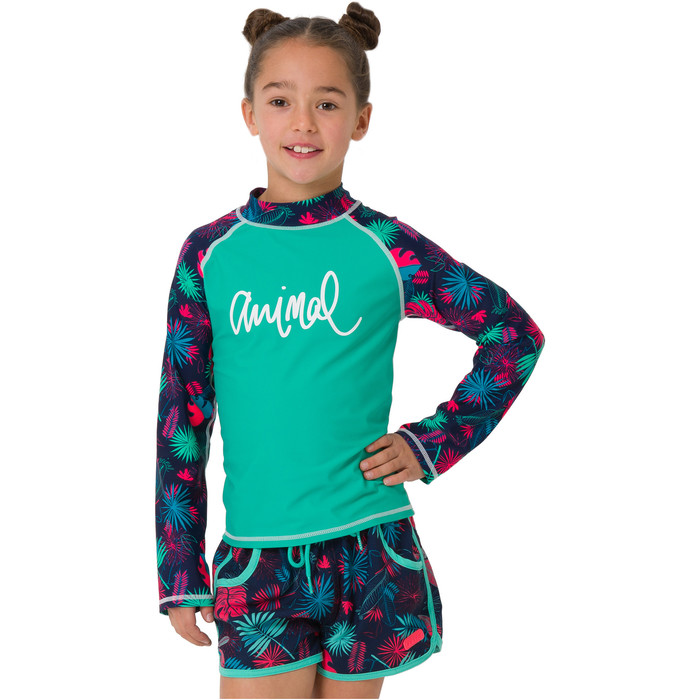 2019 Animal Junior Girls Paradise Palm Long Sleeve Rash Vest Turquoise CL9SQ811