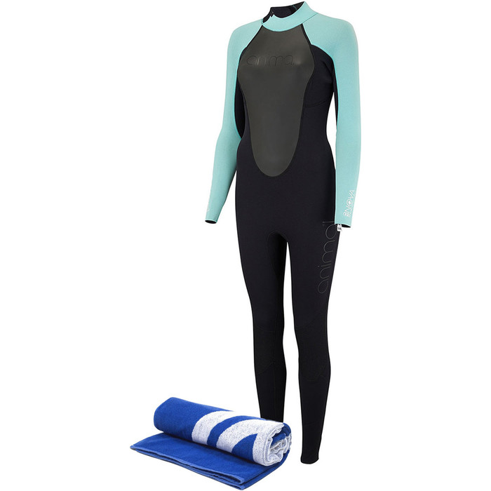 Animal Womens Nova 3/2mm Flatlock Back Zip Wetsuit Black AW8SN302 & Free Beach Towel