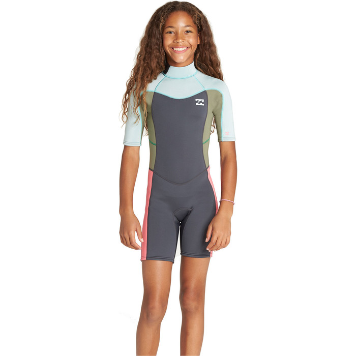 2019 Billabong Junior Girl's Synergy 2mm Back Zip Shorty Traje De Neopreno Seafoam N42b07