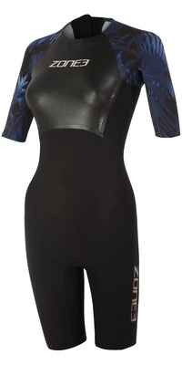2025 Zone3 Mujer Tropical Palm Back Zip Shorty Swimskin SS21WWTC101 - Black / Blue