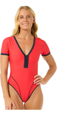 2025 Rip Curl Womens Bomba Short Sleeve Cheeky Surf Suit 0NOWSW - Red