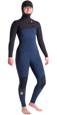 2025 C-Skins Mujer NuWave Solace 5/4/3mm Chest Zip Con Capucha Neopreno C-NSO54WH - Bluestone / Black X / Saffron