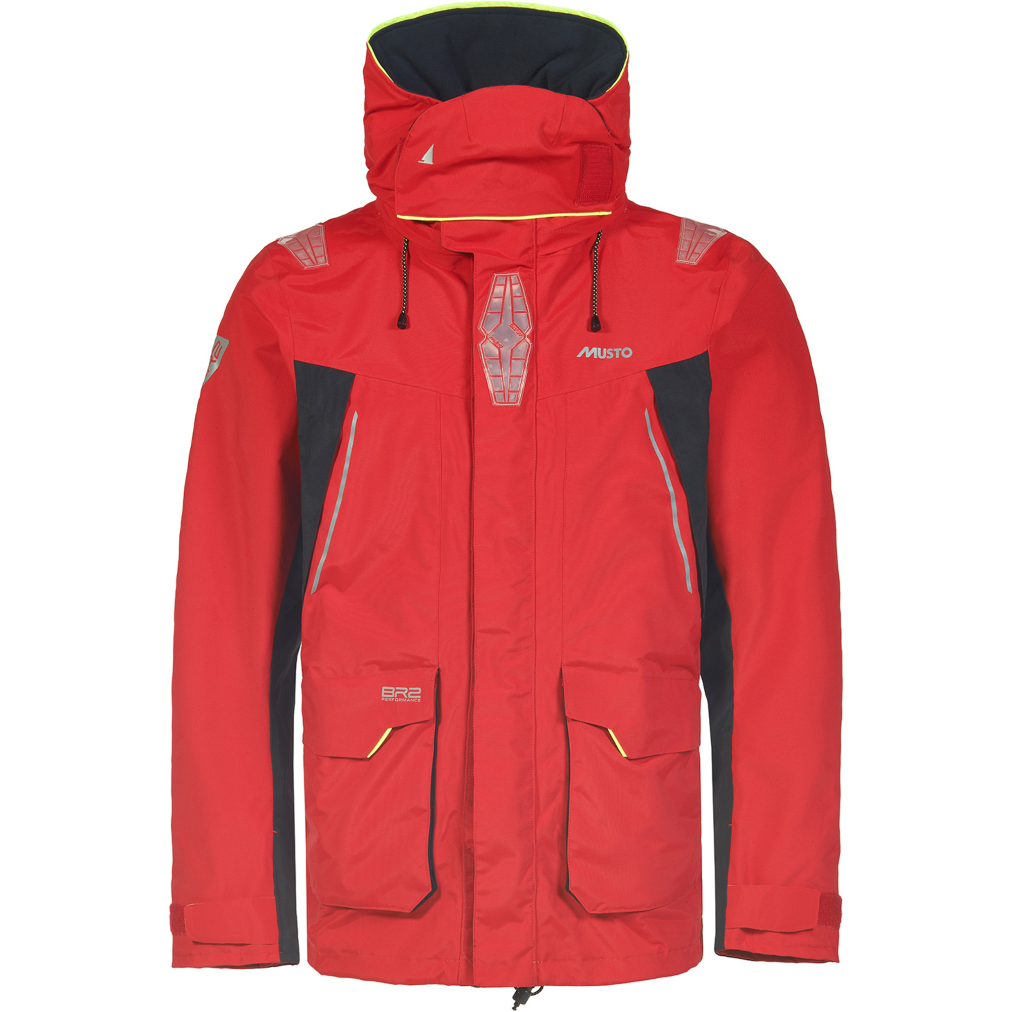 Red Musto offshore sailing jacket with high fleece-lined collar, hood and cargo pockets