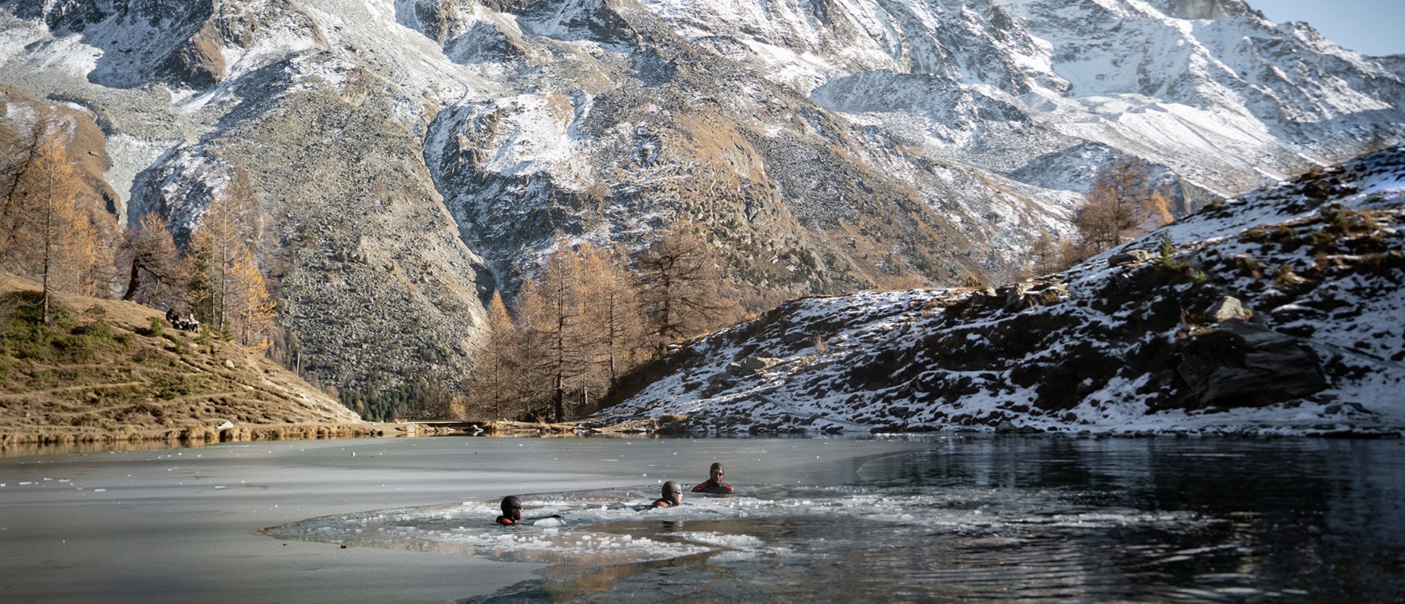 Two cold-water swimmers in a still mountain lake with snow-covered peaks rising behind them