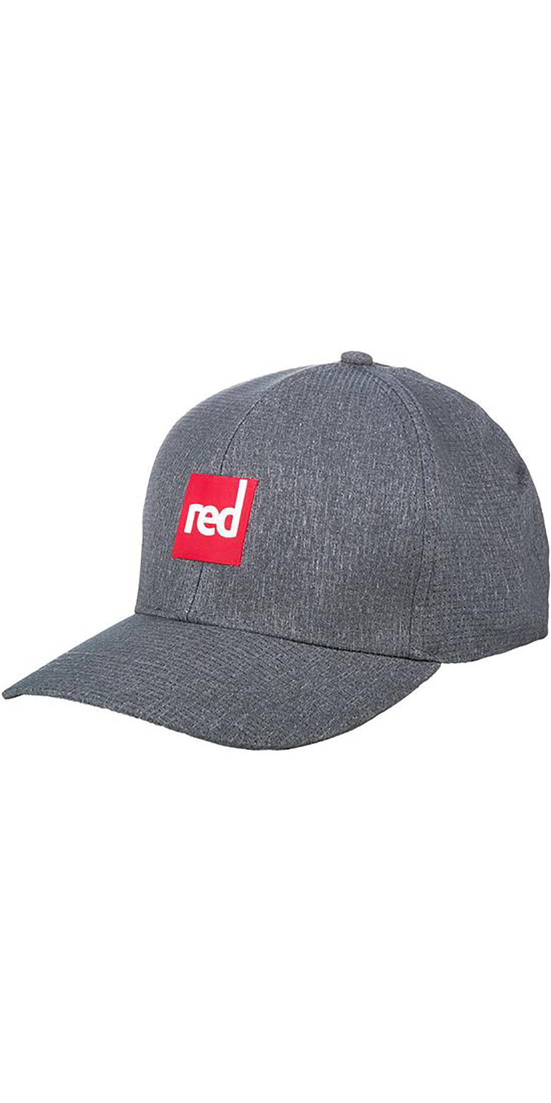 Grey marl baseball cap with a small red square logo patch on the front, on a white background