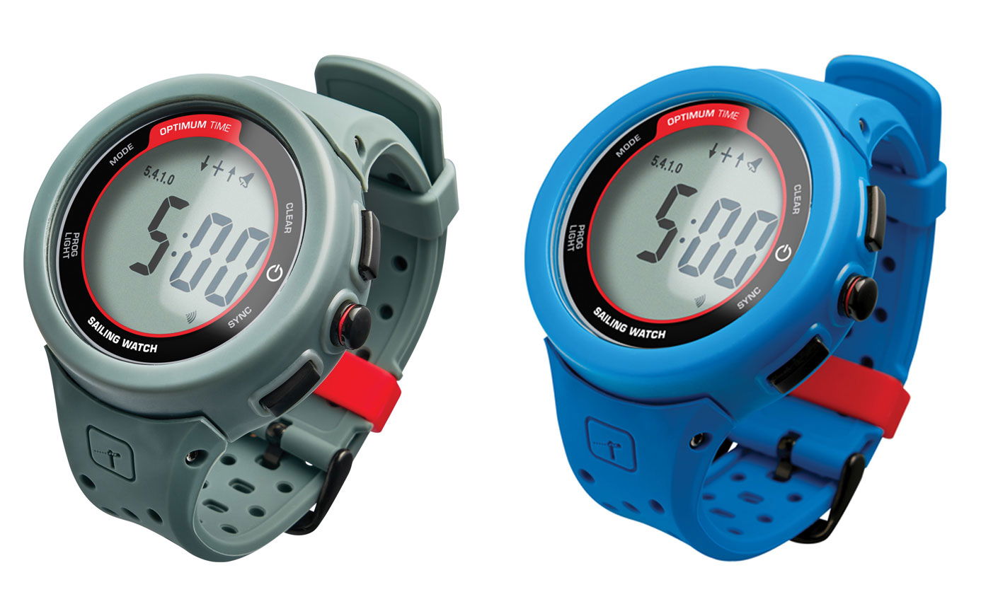 Two round sailing watches in sage grey and blue with red start buttons, both showing five minutes