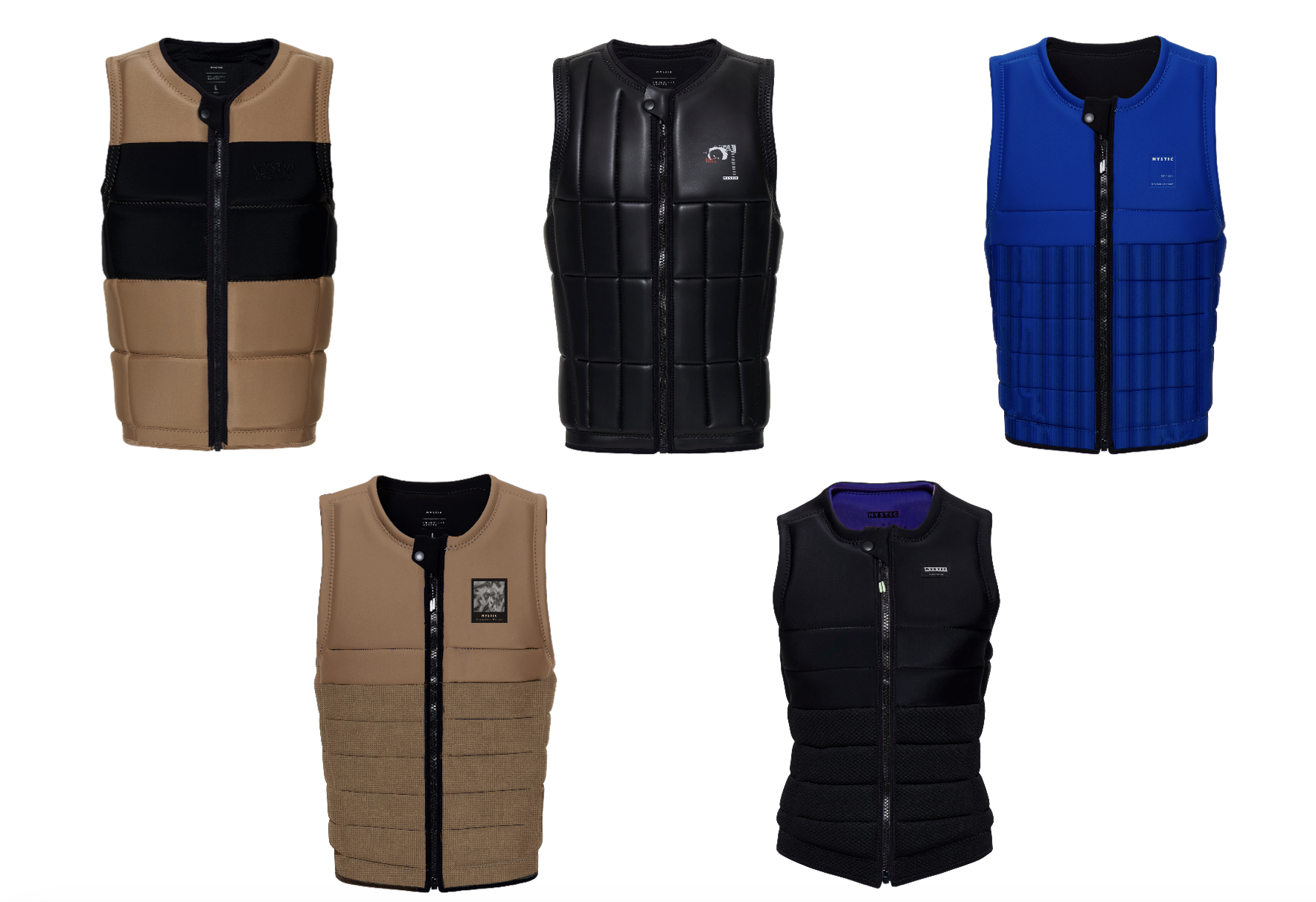 Five impact vests in tan, black, blue, brown and black with purple lining, shown as cutouts