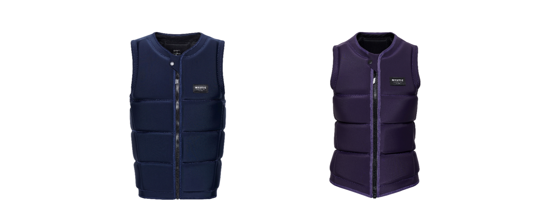 Two quilted impact vests side by side, one navy blue and one deep purple