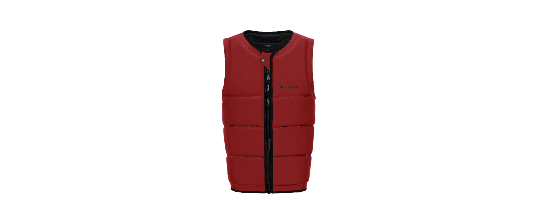 Cutout of a red front-zip impact vest with black collar and trim