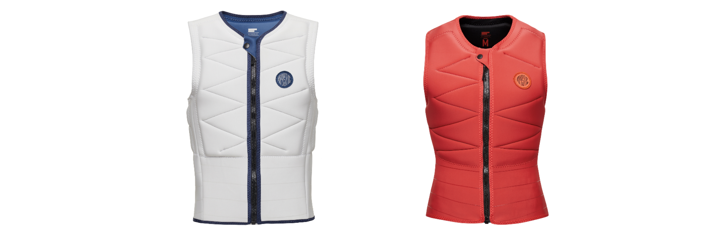 Two women's impact vests side by side, one white with navy trim and one coral red