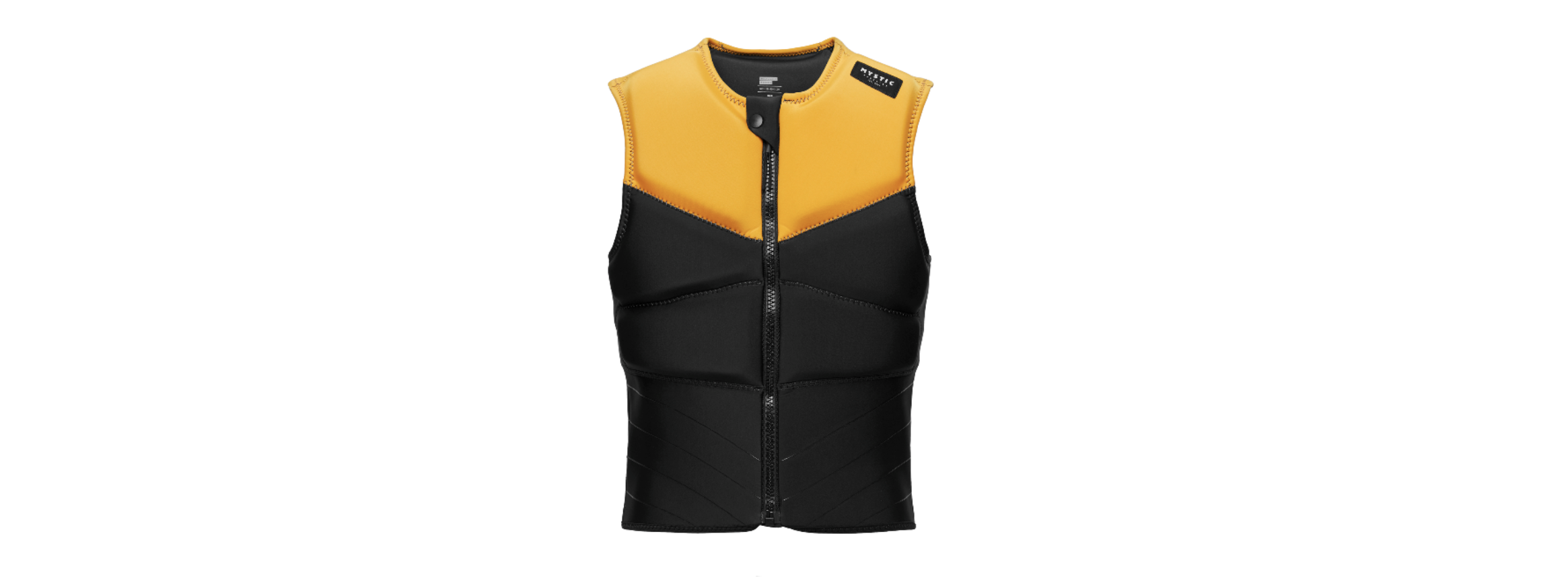 Cutout of a black impact vest with bright yellow shoulder and chest panels