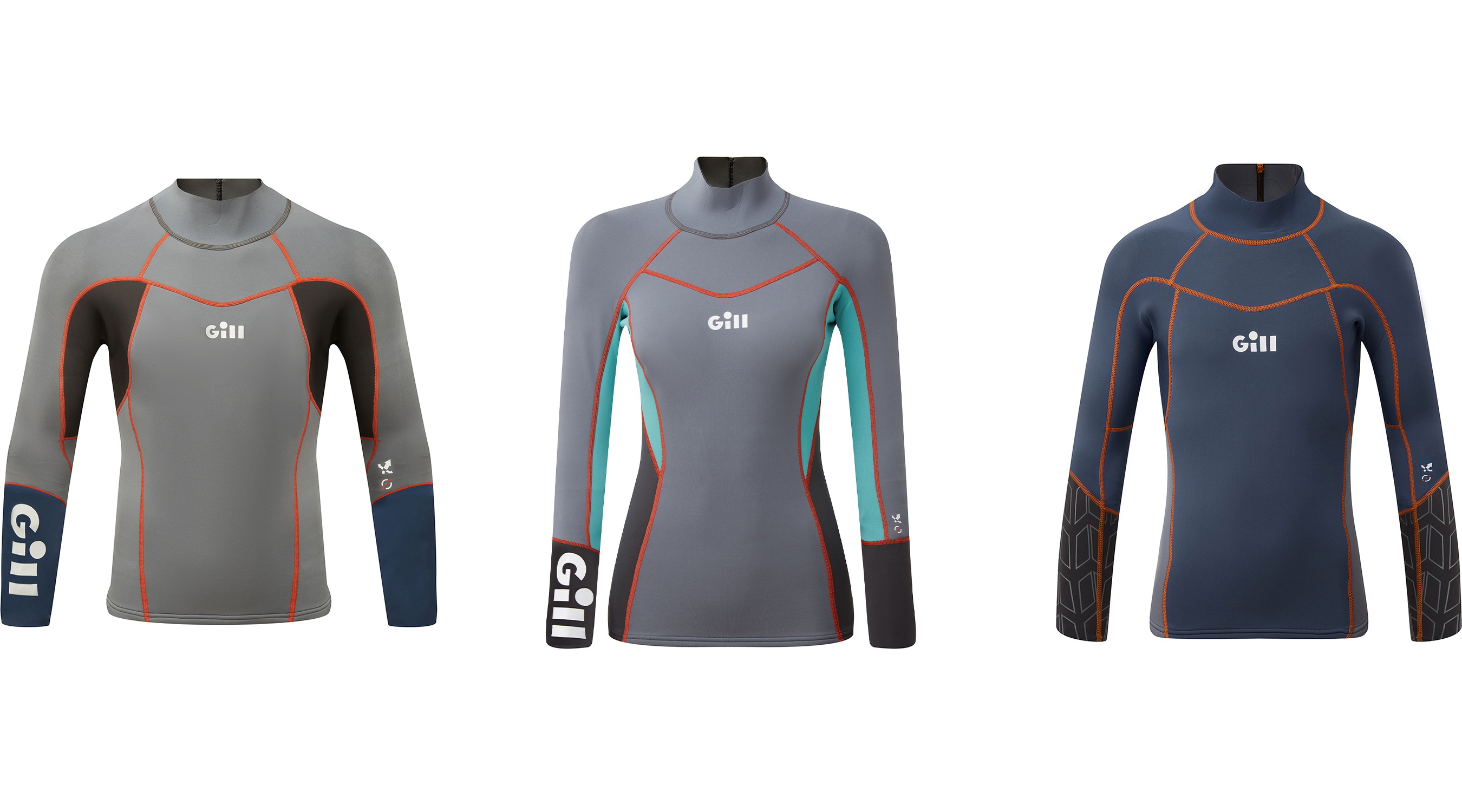 Three long-sleeved Gill neoprene tops in grey with orange, teal and navy detailing