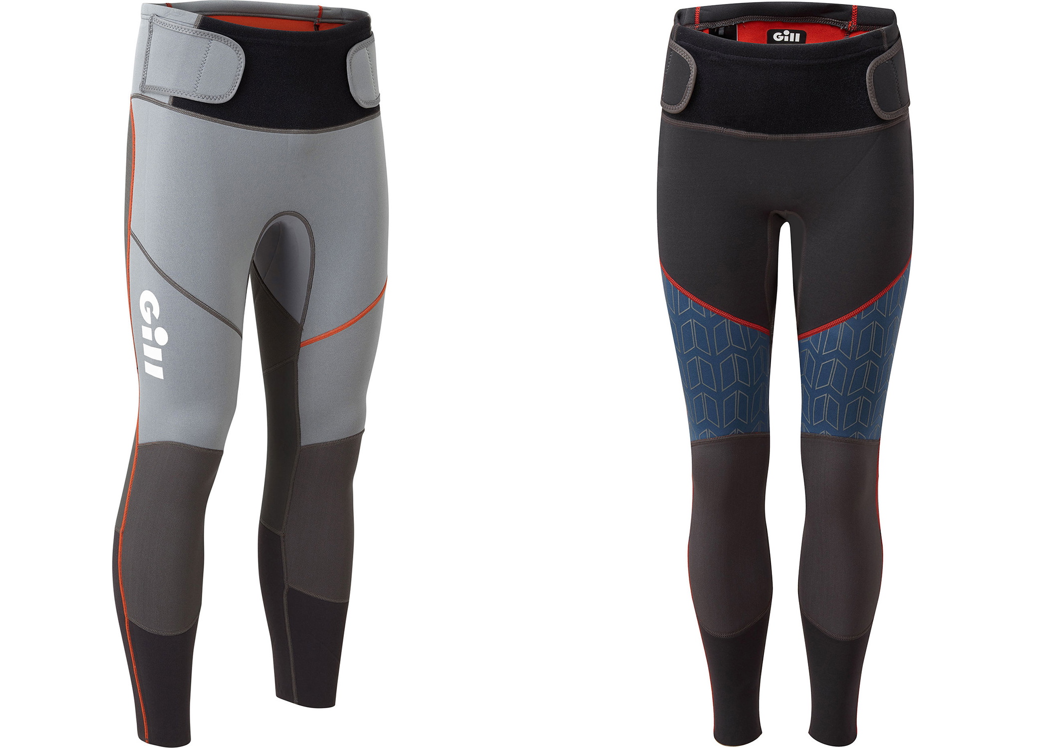 Front and back views of grey and navy Gill neoprene sailing trousers with padded waist
