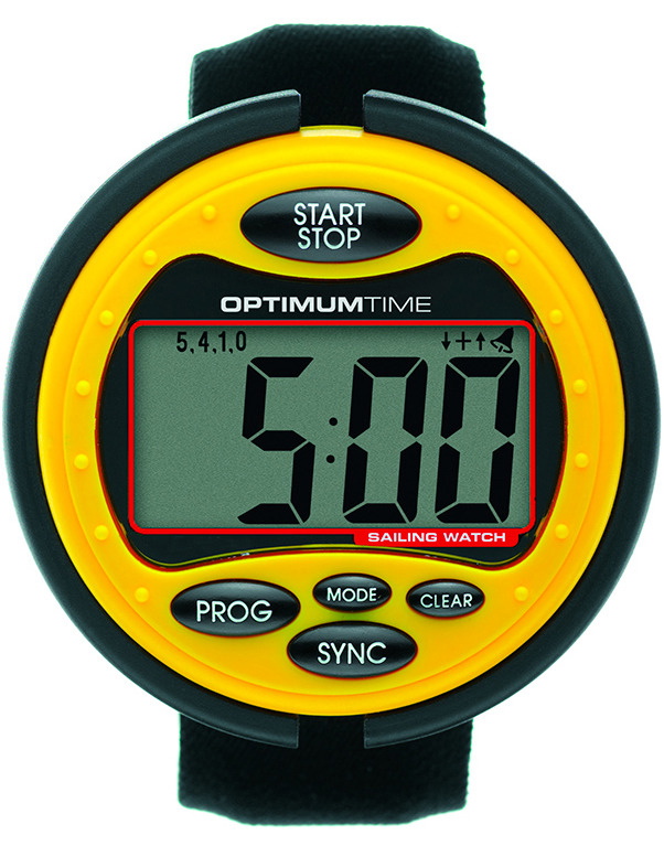 Yellow and black Optimum Time sailing watch on a fabric strap showing a 5:00 countdown