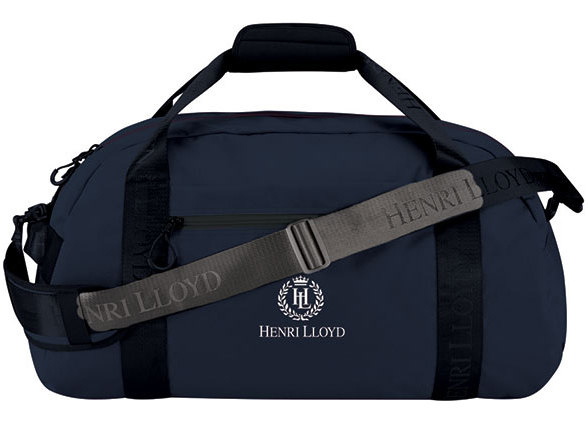Navy blue packaway holdall with a Henri Lloyd shoulder strap and crest, studio product shot