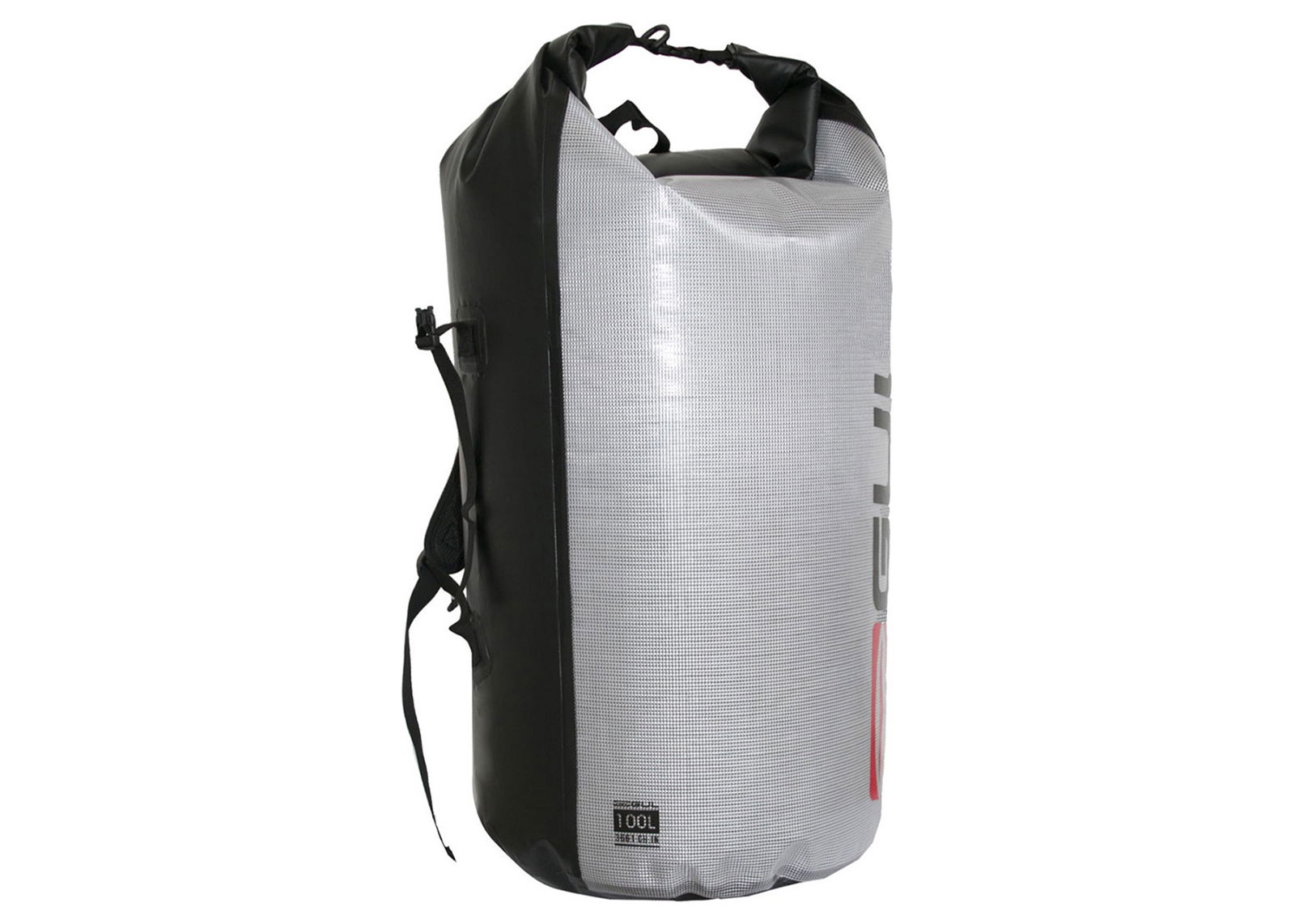 White and black roll-top dry bag with shoulder straps and buckle closure on a white background