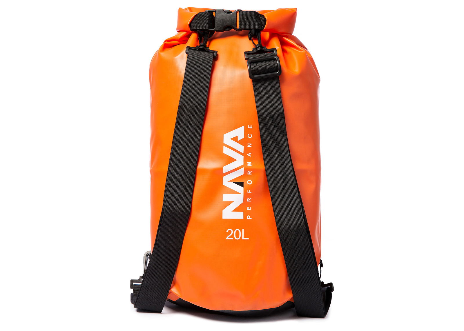 Bright orange 20L roll-top dry bag with black shoulder straps, marked Nava
