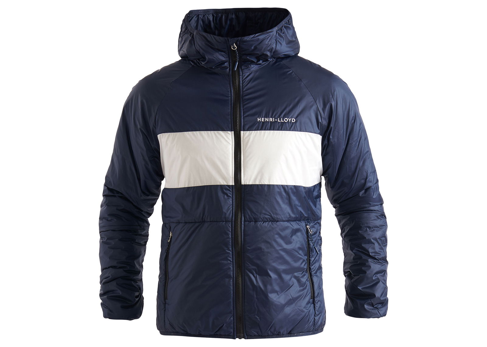 Navy insulated Henri Lloyd hooded jacket with a broad cream band across the chest