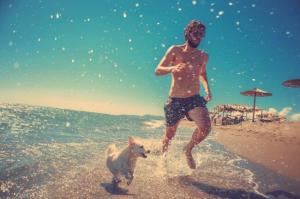 A man and his dog play on the beach