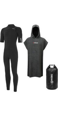 2024 Nyord Hombres Tempus 2/2mm Manga Corta Chest Zip Neopreno & Northcore Changing Robe & 20L Dry Bag Bundle MT1 Black / Grey