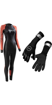 2024 Zone3 Womens Venture Back Zip Swim Wetsuit & Zone3 2mm Neoprene Swim Gloves Bundle