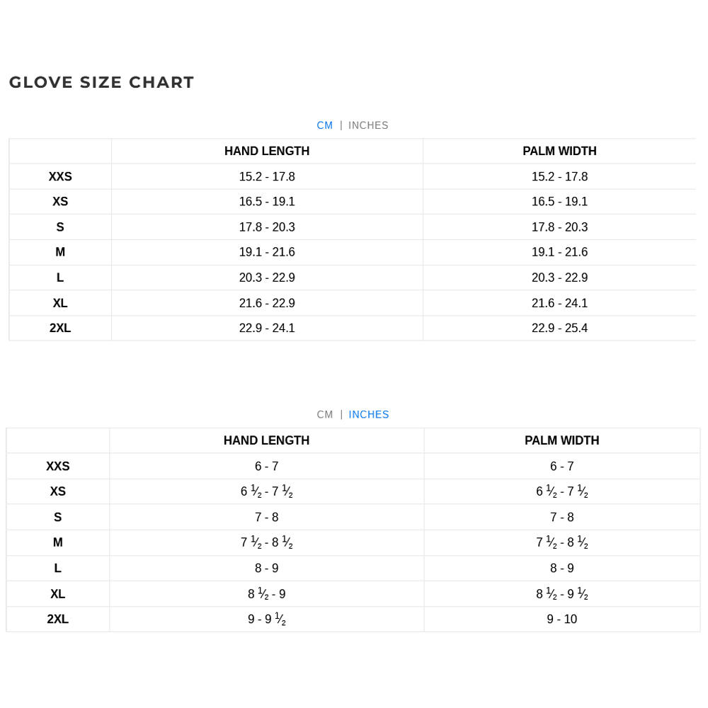 Xcel Gloves 22 0 Tabla de Tallas