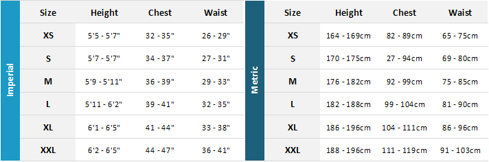 Mystic Mens Techincal Tops 22 Mens Size Chart