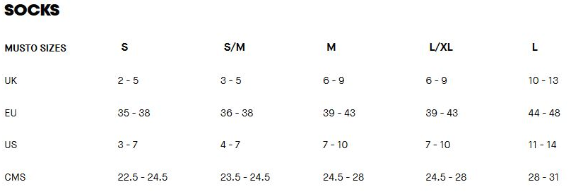 Musto Socks 0 Size Chart